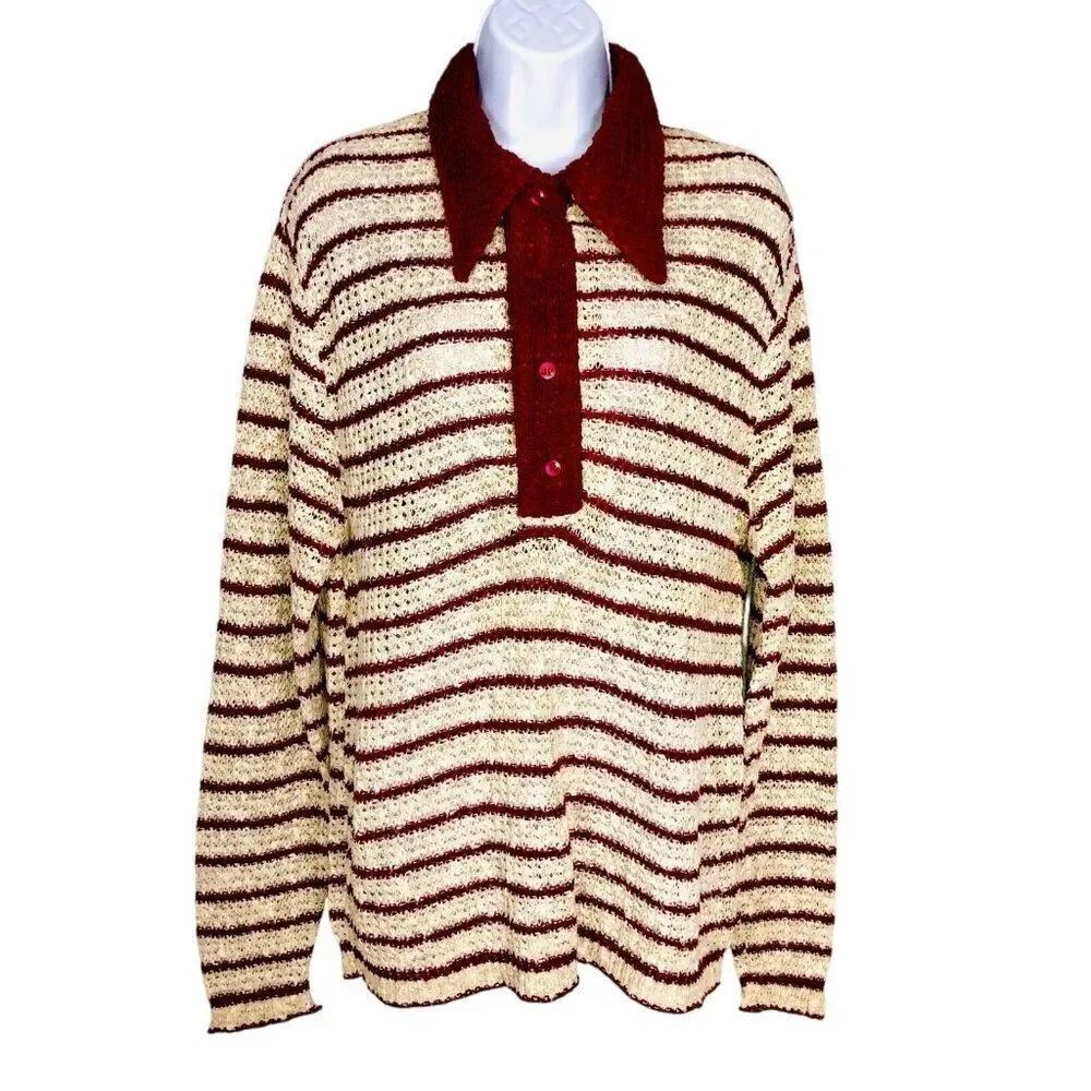 Vintage 70s John Weitz Mens M Sweater Maroon Striped Dagger Collar